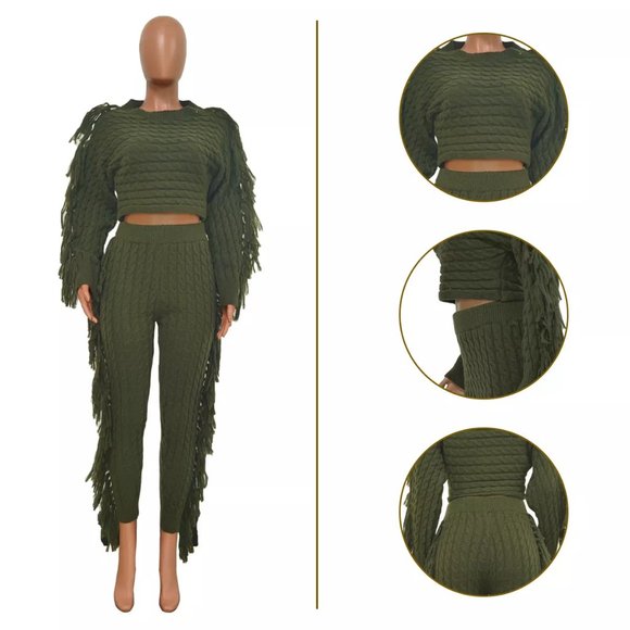 Khaki Green Long Sleeve Knit Fringe Two-Piece Pant Set - Picture 3 of 3